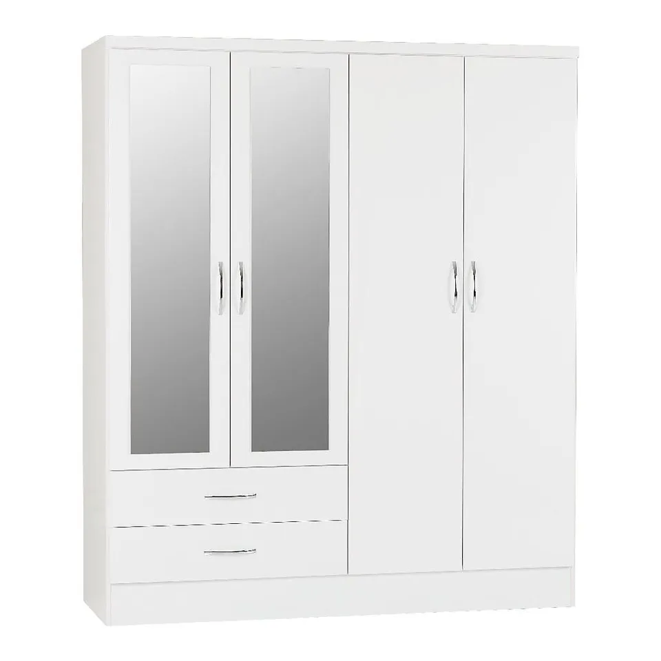 BOXED NEVADA 4 DOOR 2 DRAWER WARDROBE - WHITE GLOSS (3 BOXES)