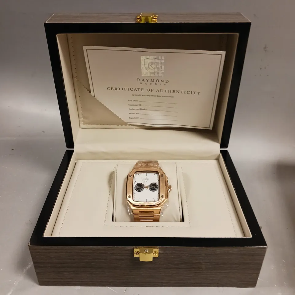 MENS RAYMOND GAUDIN WATCH – MULTI FUNCTION DIAL – STAINLESS STEEL CASE & STRAP – 5ATM WATER RESISTANT - WOODEN GIFT BOX