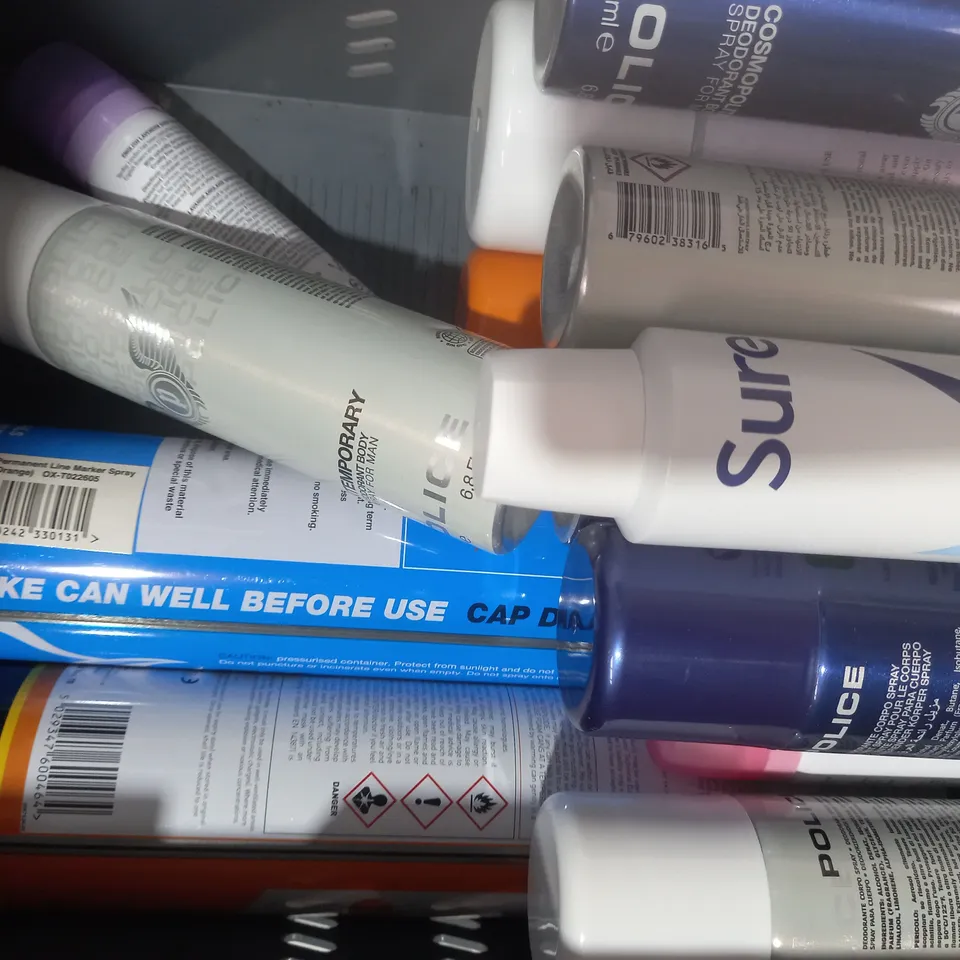 APPROXIMATELY 10 ASSORTED AEROSOL ITEMS IN INCLUDE POLICE COSMOPOLITAN BODY SPRAY, KIDS STUFF FOAMING SOAP, SURE ANTI-PERSPIRANT, ETC - COLLECTION ONLY