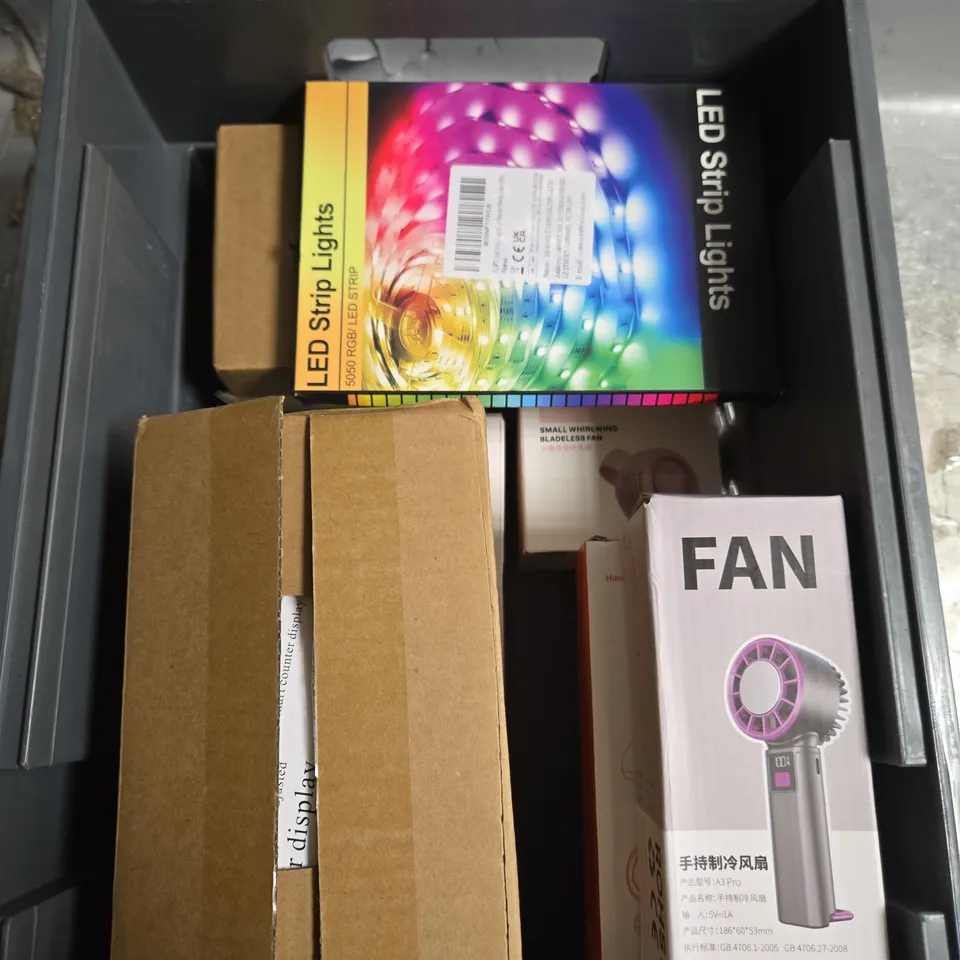 APPROXIMATELY 8 ASSORTED ELECTRICAL PRODUCTS & ACCESSORIES TO INCLUDE NECK FAN, LED LIGHT STRIPS, PORTABLE FAN ETC 