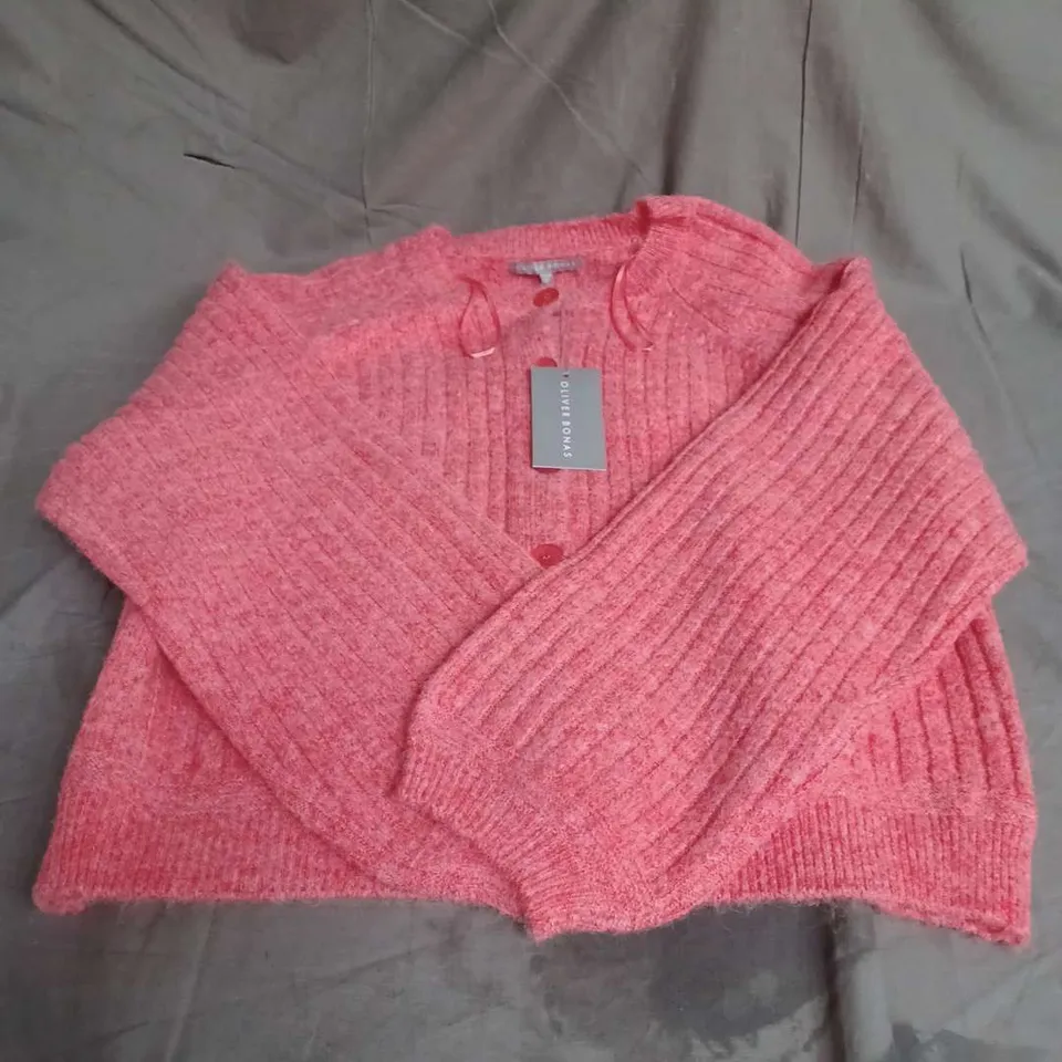 OLIVER BONAS RIB CREW NECK CARDIGAN IN PINK SIZE 16