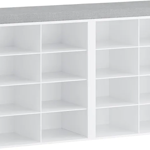 BOXED HZUANERI SHOE STORAGE BENCH WITH PADDED SEAT, SHOE RACK BENCH WITH 16 OPEN COMPARTMENTS, ADJUSTABLE SHELVES