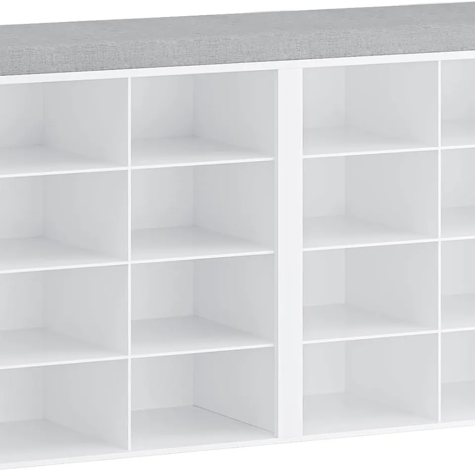 BOXED HZUANERI SHOE STORAGE BENCH WITH PADDED SEAT, SHOE RACK BENCH WITH 16 OPEN COMPARTMENTS, ADJUSTABLE SHELVES
