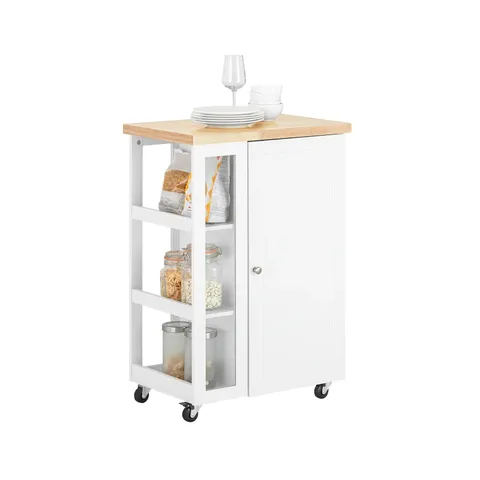BOXED SOBUY FKW75-WN KITCHEN TROLLEY ON WHEELS WITH RUBBER WOOD WORKTOP, SINGLE-DOOR CABINET, 2 ADJUSTABLE SHELVES & 3-TIER SIDE RACK