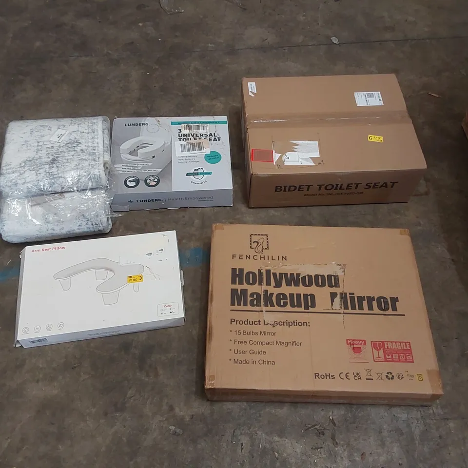 PALLET OF ASSORTED ITEMS INCLUDING: BIDET TOILET SEATS, HOLLYWOOD MAKEUP MIRROR, RUG, UNIVERSAL TOILET SEAT, ARM REST PILLOW ECT