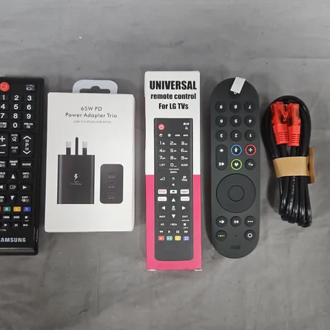 APPROXIMATELY 10 ASSORTED HOUSEHOLD ITEMS TO INCLUDE UNIVERSAL REMOTE, POWER ADAPTER TRIO, ETC