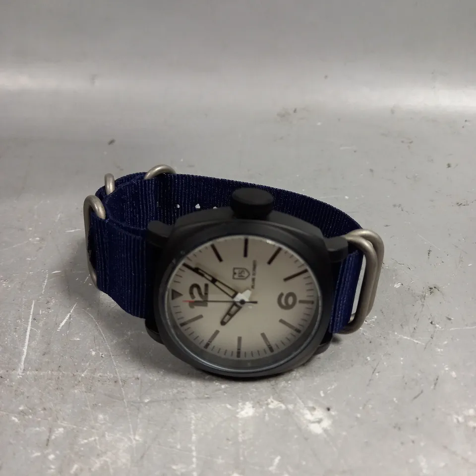 MENS FRANK SCHMIDT WATCH – LARGE BLACK CASE – WHITE PILOT DIAL – BLUE FABRIC STRAP – 3ATM WATER RESISTANT