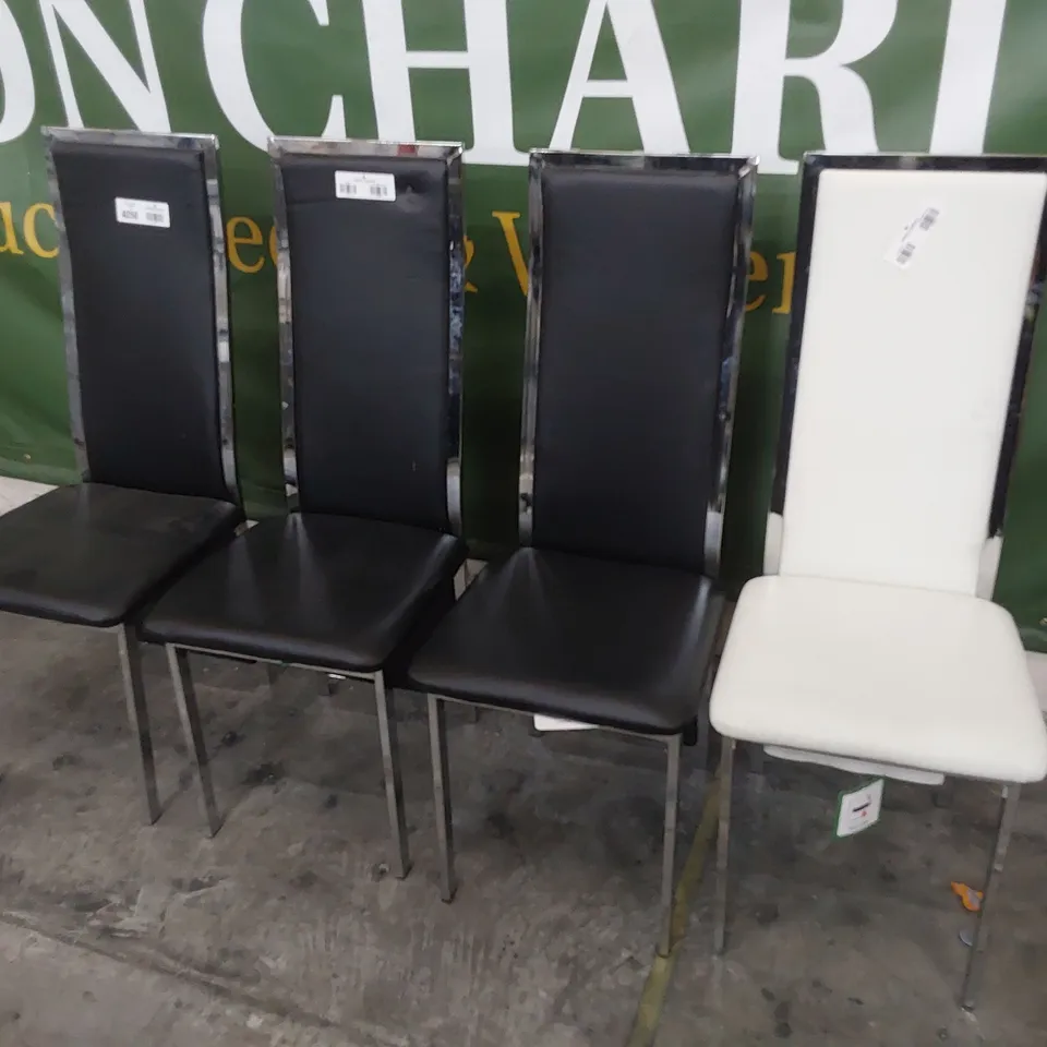 FOUR DESIGNER UPHOLSTERED DINING CHAIRS WITH CHROME FRAMES ( 3 × BLACK & 1 WHITE PU)