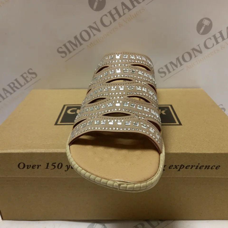 BOXED PAIR OF CUSHION WALK DIAMANTE MULES, TAUPE - SIZE 5