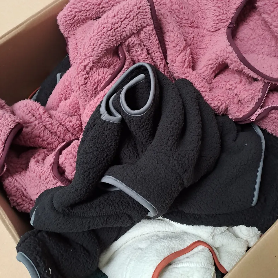 BOX OF ASSORTED CLOTHING ITEMS TOO INCLUDE COATS , TOPS, AND TROUSERS   ETC. 