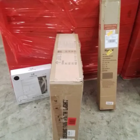 PALLET OF ASSORTED HOUSEHOLD GOODS AND PRODUCTS TO INCLUDE;MUSICAL MOBILE,CEILING FAN WITH LIGHT,CHAIR MAT 