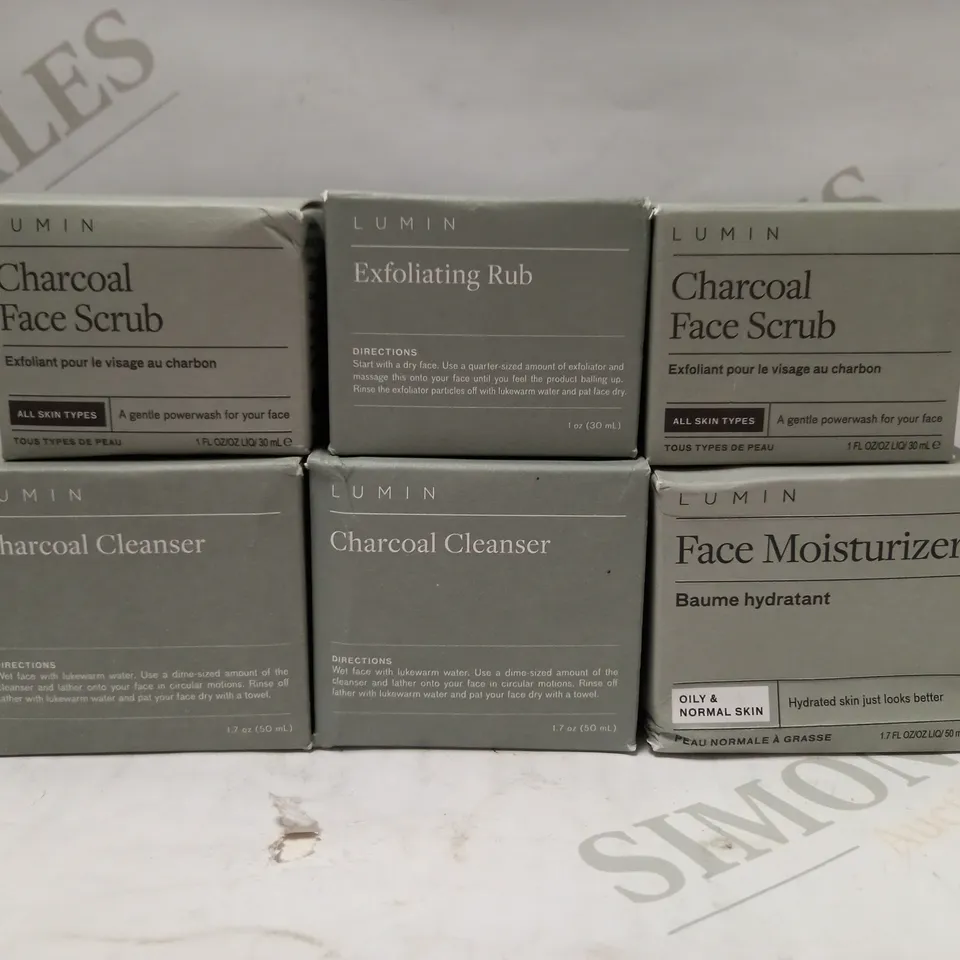 LOT OF 6 ASSORTED LUMIN PRODUCTS TO INCLUDE CHARCOAL FACE SCRUB, CHARCOAL CLEANSER, EXFOLIATING RUB