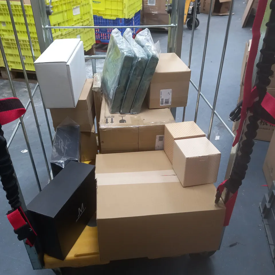 CAGE OF 10 ASSORTED HOMEWARE ITEMS TO INCLUDE KNIFE SET, JULIEN MACDONALD BAG, AND SKETCHERS TRAINERS. 