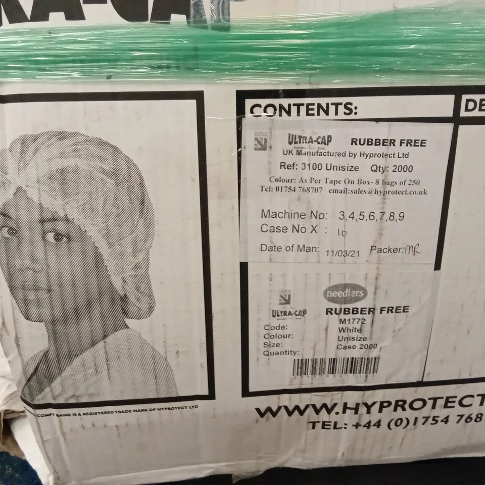 PALLET TO CONTAIN APPROXIMATELY 16,000 ULTRA-CAP HAIR NETS AND 2 X TRAMPOLINE SAFETY NETS