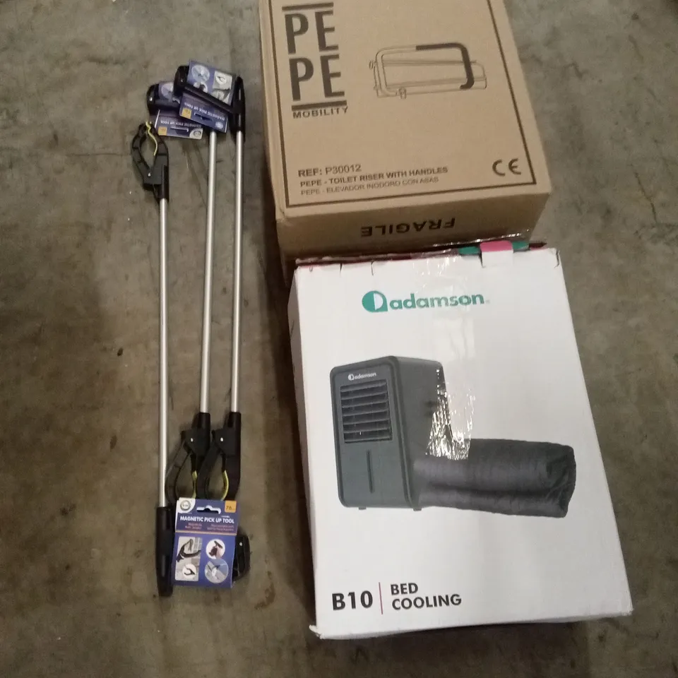 PALLET OF ASSORTED HOUSEHOLD GOODS AND PRODUCTS TO INCLUDE; GRABBER TOOLS, TOILET RISER, CONVECTION HEATERS, OFFICE CHAIR ETC