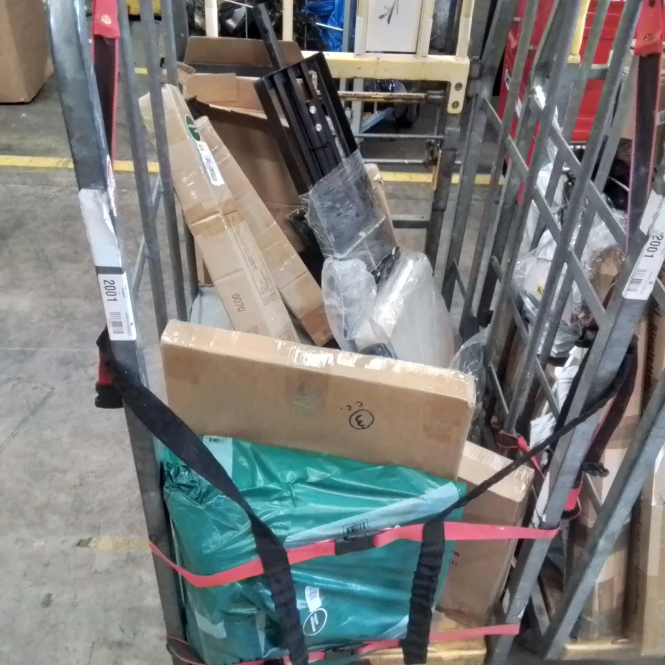 3 CAGES CONTAINING ASSORTED ITEMS INCLUDING: RETRACTABLE SAFETY GATES, ROLLING STOOL, SHOE RACK, GARDEN TOOL, YOGA MAT ECT - CAGES NOT INCLUDED 