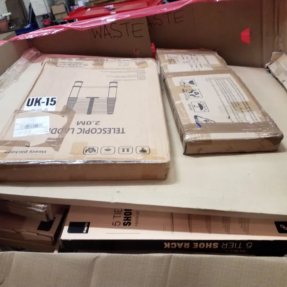 PALLET CONTAINING ASSORTED PRODUCTS INCLUDING 5-TIER SHOE RACK, STUFFED ANIMAL STORAGE, STEP LADDERS & GREENHOUSE 180×90×90CM