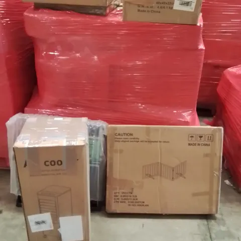 PALLET CONTAINING VARIOUS ASSORTED BOXED HOUSEHOLD ITEMS TO INCLUDE: SAFETY GATE, AUR COOLER, MANIFOLD PLUMBING, VESSEL SINK AND LOTS MORE UNMARKED BOXED ITEMS