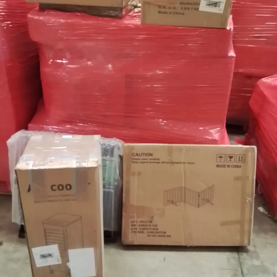 PALLET CONTAINING VARIOUS ASSORTED BOXED HOUSEHOLD ITEMS TO INCLUDE: SAFETY GATE, AUR COOLER, MANIFOLD PLUMBING, VESSEL SINK AND LOTS MORE UNMARKED BOXED ITEMS 