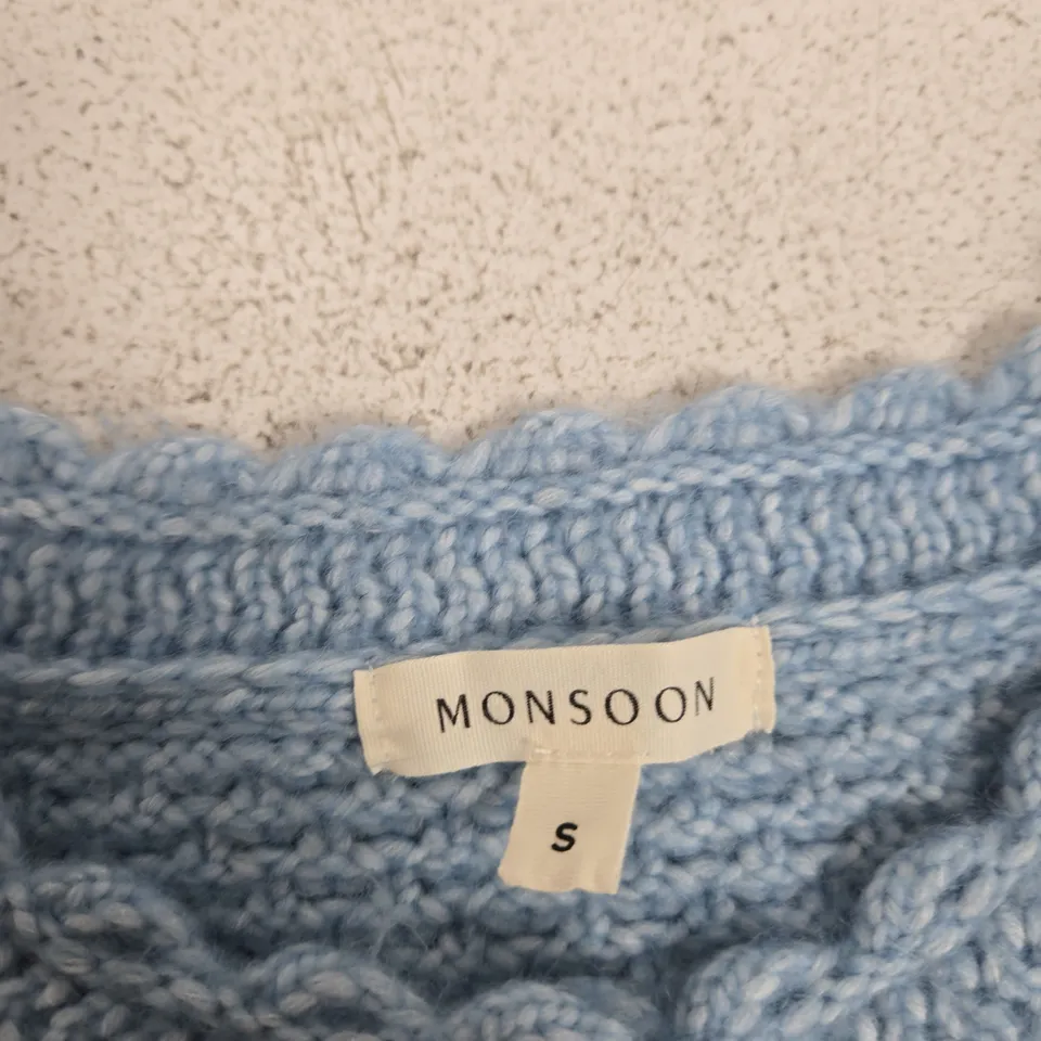 UK SIZE S MONSOON WOMEN'S BLUE KNIT CARDIGAN – FRONT BUTTON, TWO PATCH POCKETS