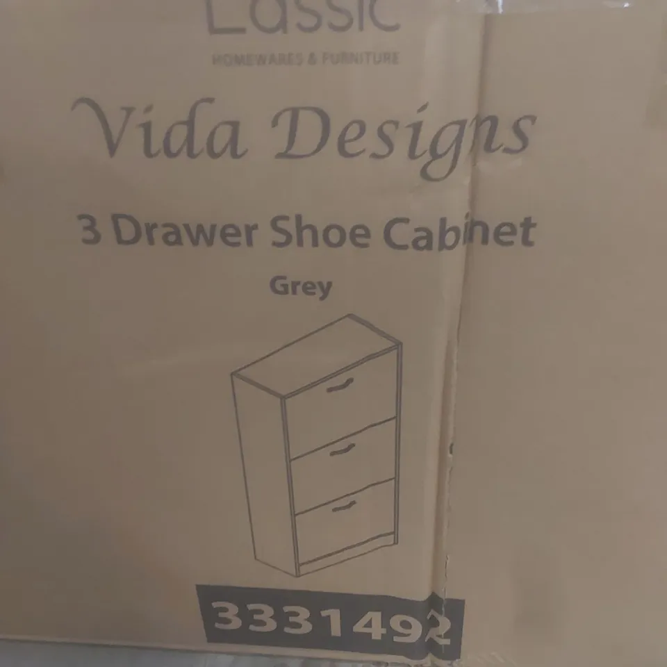 BOXED VIDA 3 DRAWER FLIP DOWN SHOE STORAGE UNIT - GREY (1 BOX)