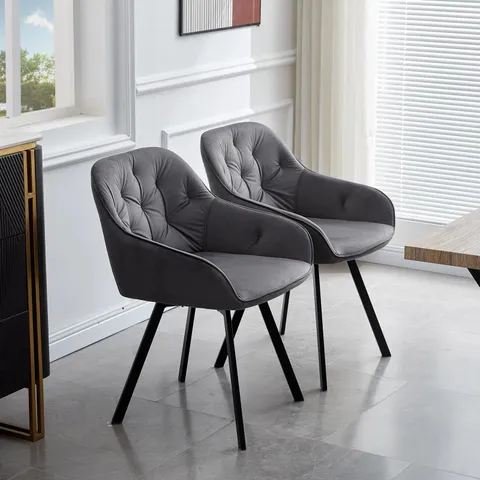 BOXED GARVIES SET OF TWO DARK GREY VELVET UPHOLSTERED DINING CHAIRS