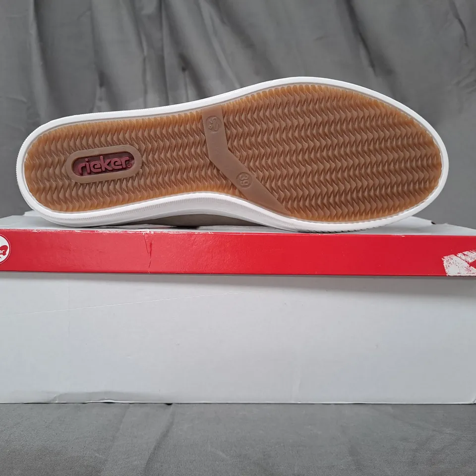 BOXED PAIR OF RIEKER SHOES IN METALLIC GOLD SIZE 6