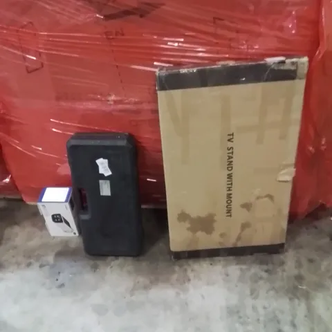 PALLET OF ASSORTED HOUSEHOLD GOODS AND PRODUCTS TO INCLUDE;TV STAND WITH MOUNT,TOOLBOX,SECURITY CAMERA 