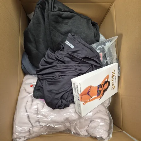 LARGE BOX OF ASSORTED CLOTHING ITEMS IN VARIOUS SIZES, STYLES AND COLOUR - COLLECTION ONLY