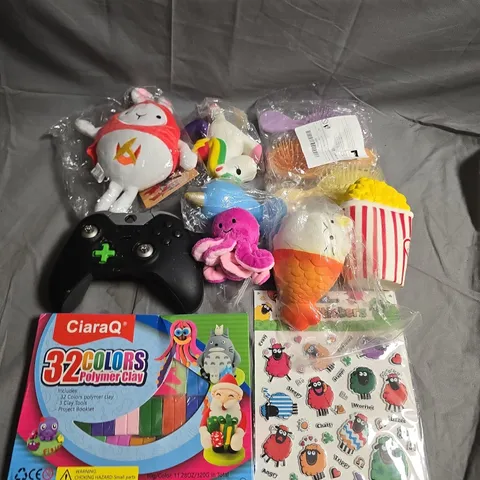 TOTE OF APPROX 10 ASSORTED TOYS AND GAMES TO INCLUDE STRESS TOYS,MODELING CLAY AND XBOX CONTROLLER