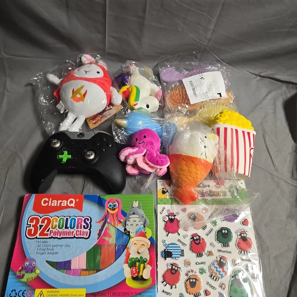 TOTE OF APPROX 10 ASSORTED TOYS AND GAMES TO INCLUDE STRESS TOYS,MODELING CLAY AND XBOX CONTROLLER