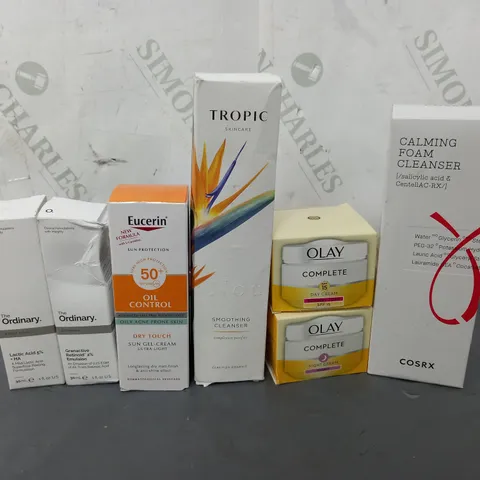 7 ASSORTED BEAUTY ITEMS TO INCLUDE THE ORDINARY LACTIC PEELING FORMULATION (30ml), TROPIC SMOOTHING CLEANSER (120ml), OLAY COMPLETE DAY CREAM (50ml), ETC