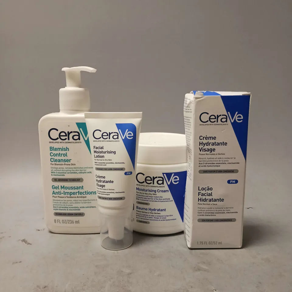 SET OF 4 ASSORTED CERAVE HEALTH AND BEAUTY ITEMS TO INCLUDE MOISTURISING CREAM (454G), BLEMISH CONTROL CLEANSER (236ML) AND CREME HYDRATANTE VISAGE (52ML). 