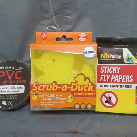 APPROXIMATELY 10 ASSORTED HOUSEHOLD ITEMS TO INCLUDE STICKY FLY PAPERS, SCRAB-A-DUCK, PVC INSULATION TAPE, ETC