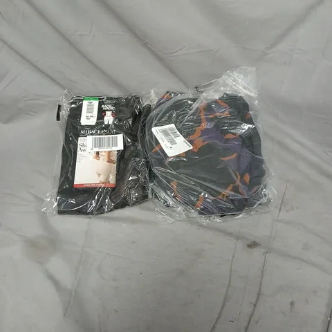 BOX OF APPROXIMATELY 35 ASSORTED CLOTHING ITEMS INCLUDING MIRACLE SUIT SHAPING WEAR SIZE LARGE AND KIM AND CO PURPLE WRAP DRESS SIZE SMALL