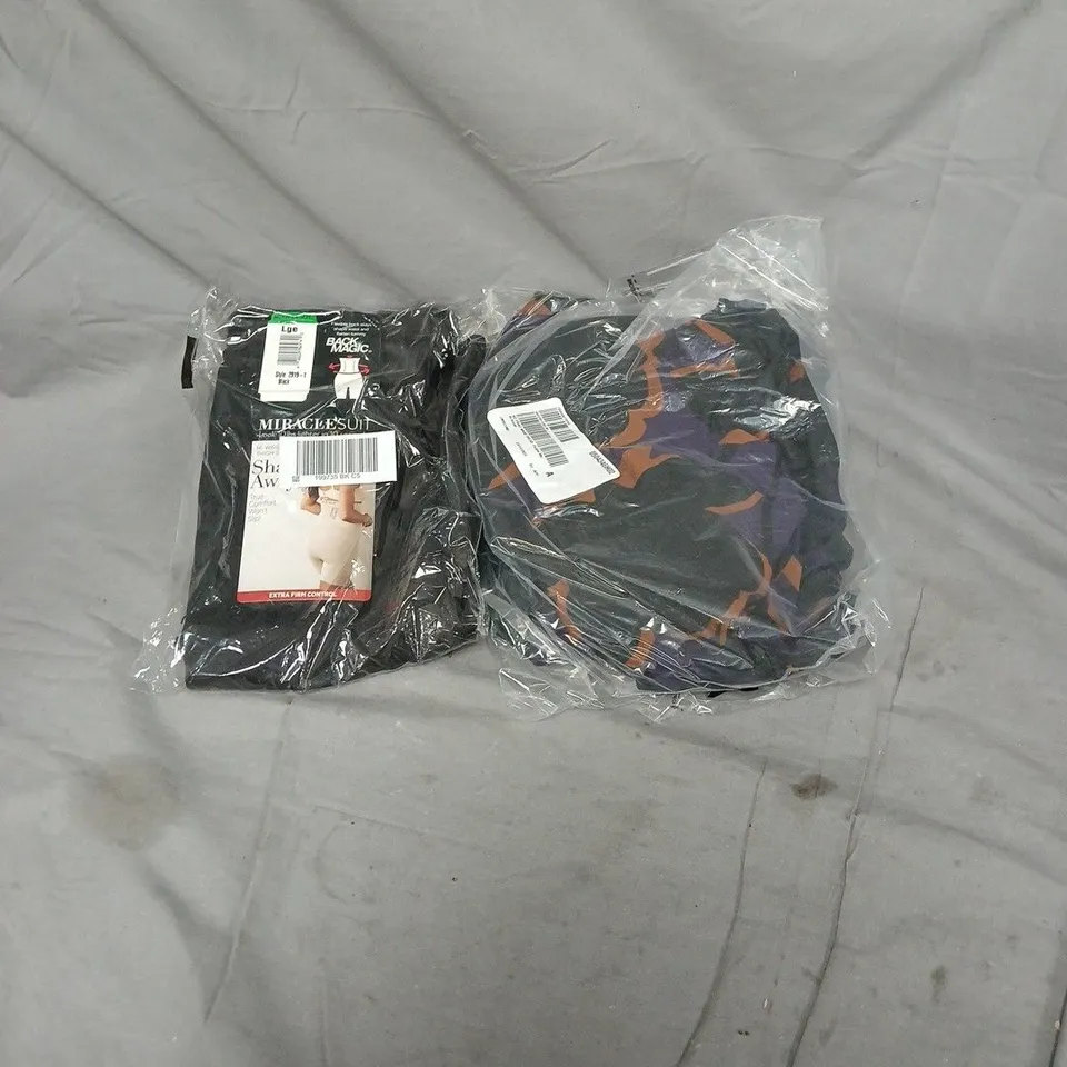 BOX OF APPROXIMATELY 35 ASSORTED CLOTHING ITEMS INCLUDING MIRACLE SUIT SHAPING WEAR SIZE LARGE AND KIM AND CO PURPLE WRAP DRESS SIZE SMALL