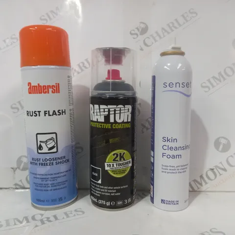 APPROXIMATELY 10 ASSORTED AEROSOL ITEMS IN INCLUDE SENSET SKIN CLEANSING FOAM, RAPTOR PROTECTIVE COATING, AMBERSIL RUST FLASH, ETC - COLLECTION ONLY