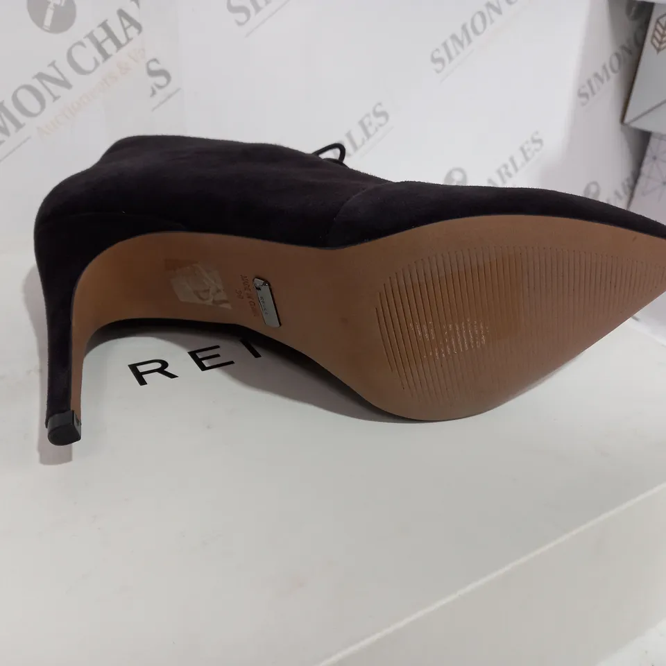 BOXED REISS SUEDE CHOCOLATE BOOT HEELS - SIZE 6