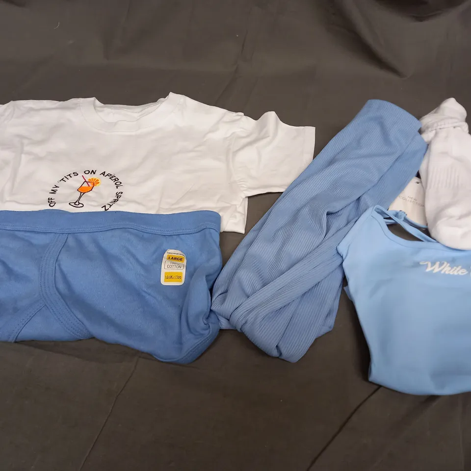 BOX OF APPROXIMATELY 25 ASSORTED CLOTHING ITEMS TO INCLUDE - SOCKS , T-SHIRT , TROUSERS ETC