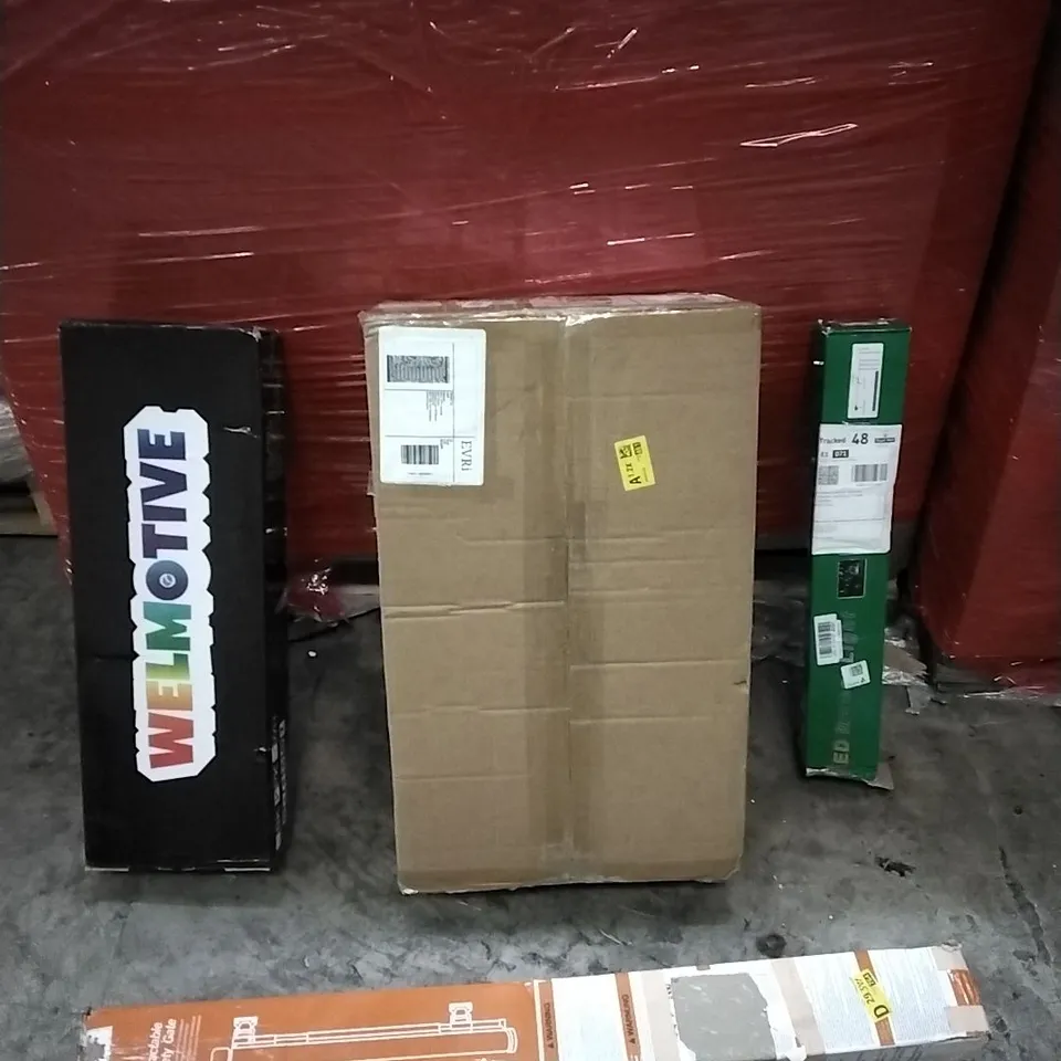 PALLET OF HOUSEHOLD ITEMS TO INCLUDE KICK SCOOTER, RETRACTABLE SAFETY GATE, LED METEOR LIGHT, VIBRATION PLATE AND OTHER ASSORTED ITEMS...