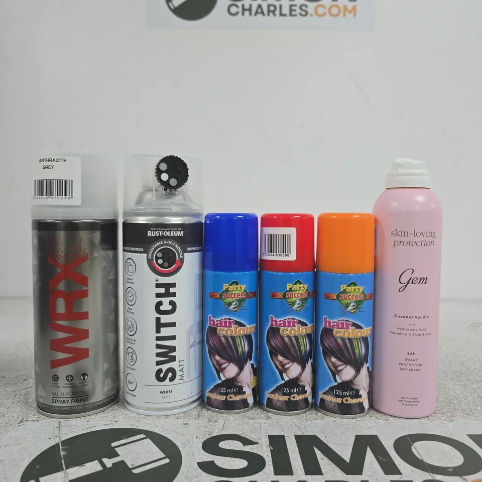 APPROXIMATELY 10 ASSORTED ITEMS INCLUDING SKIN-LOVING PROTECTION SWEAT PROTECTION DRY SPRAY, PARTY SUCCESS HAIR COLOR AND SWITCH MATT 