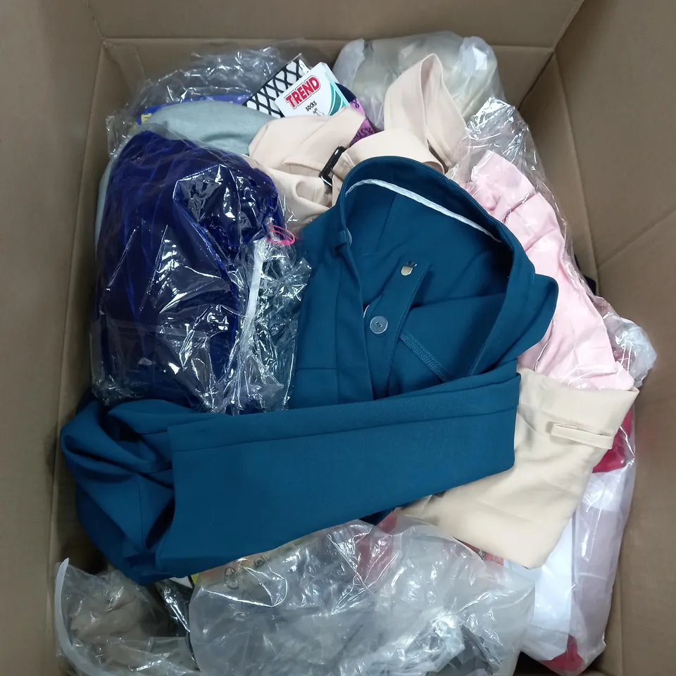 BOX OF APPROX. 50 ASSORTED CLOTHING VARYING IN SIZE/COLOUR/STYLE TO INCLUDE:  TOPS, TROUSERS, JUMPERS