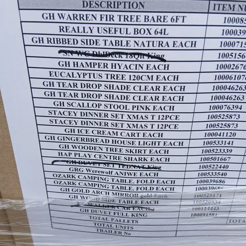 PALLET OF APPROXIMATELY 19 ASSORTED PRODUCTS TO INCLUDE; WARREN FIR TREE BARE 6FT, REALLY USEFUL BOX, EUCALYPTUS TREE, OZARK CAMPING TABLE, STACEY DINNER SET AND REPLACEMENT FILTER KIT