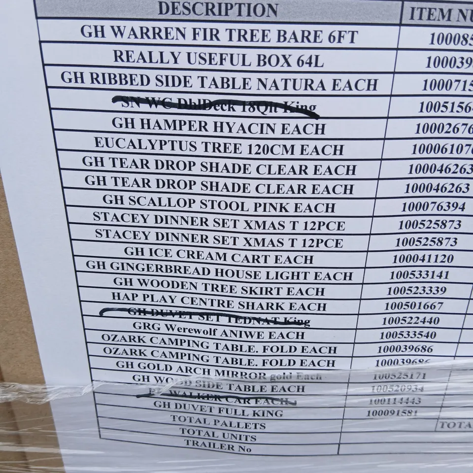 PALLET OF APPROXIMATELY 19 ASSORTED PRODUCTS TO INCLUDE; WARREN FIR TREE BARE 6FT, REALLY USEFUL BOX, EUCALYPTUS TREE, OZARK CAMPING TABLE, STACEY DINNER SET AND REPLACEMENT FILTER KIT