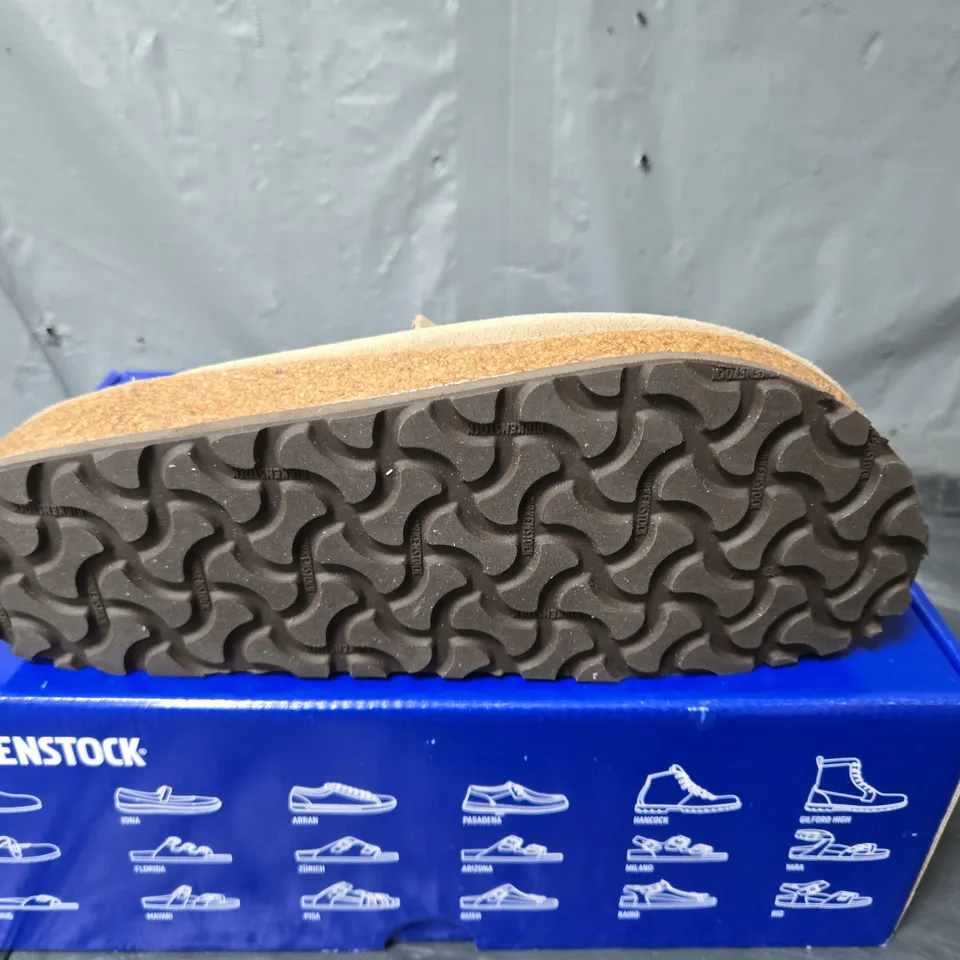 BOXED PAIR OF BIRKENSTOCK NAPLES SHOES IN TAUPE - SIZE 39