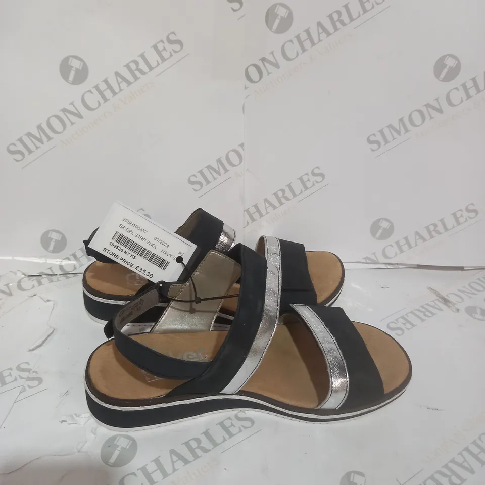 BOXED PAIR OF RIEKER ANTISTRESS PLATFORM SANDALS IN NAVY SIZE 5