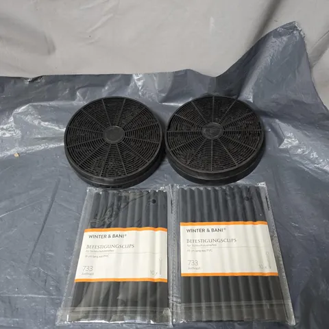 BOX OF APPROXIMATELY 10 ASSORTED ITEMS TO INCLUDE CARBON CHARCOAL FILTERS, ATTACHMENT CLIPS ETC