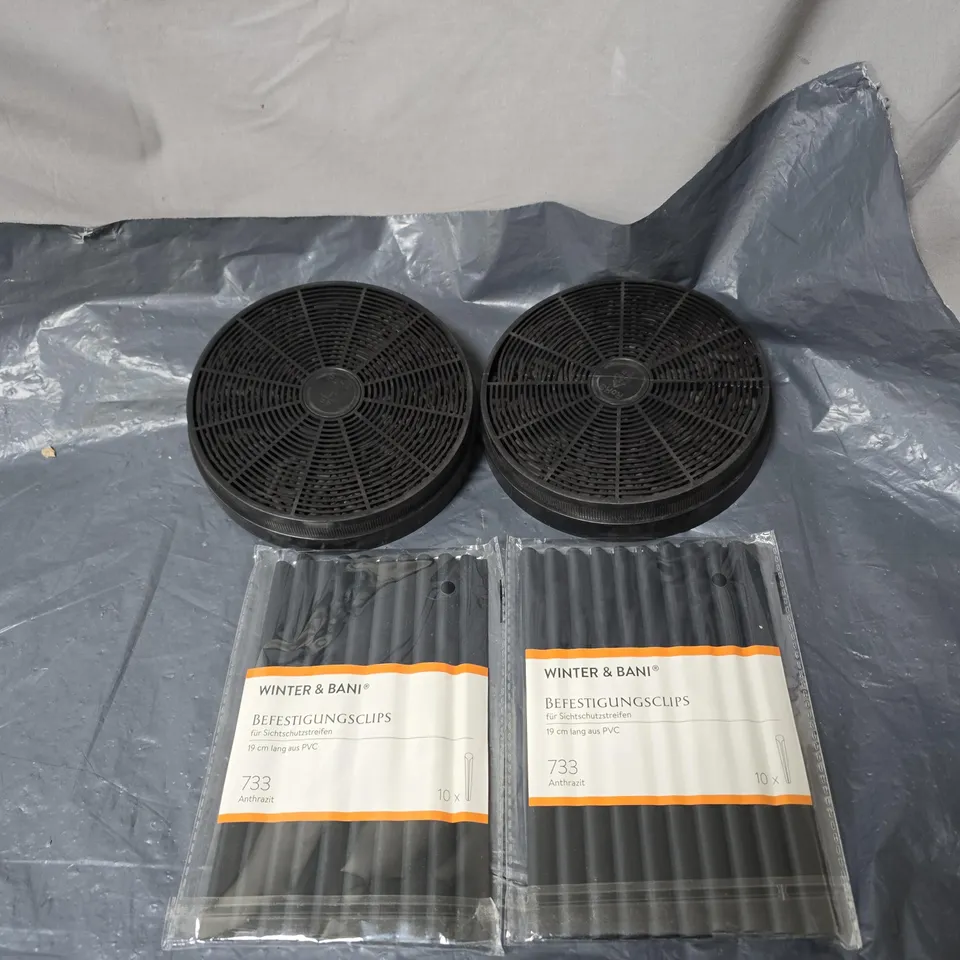 BOX OF APPROXIMATELY 10 ASSORTED ITEMS TO INCLUDE CARBON CHARCOAL FILTERS, ATTACHMENT CLIPS ETC