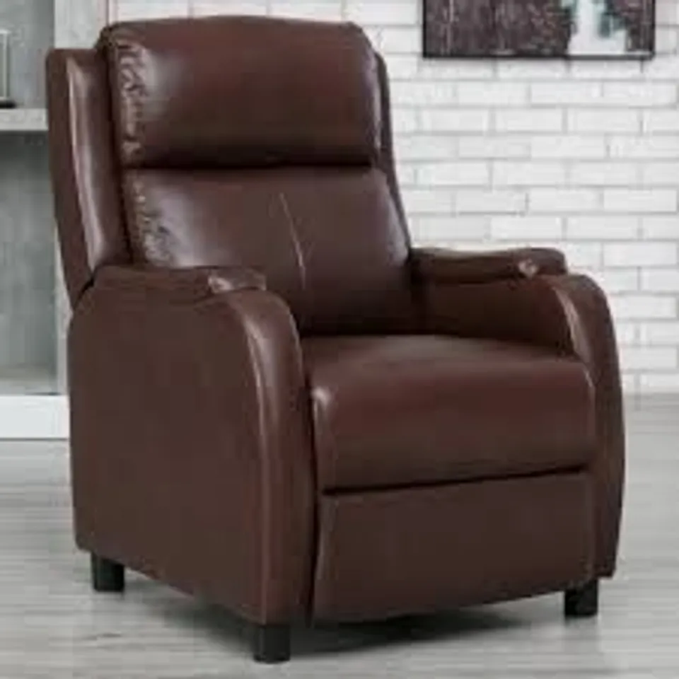 BOXED DESIGNER BROWN LEATHER PUSHBACK RECLINING EASY CHAIR