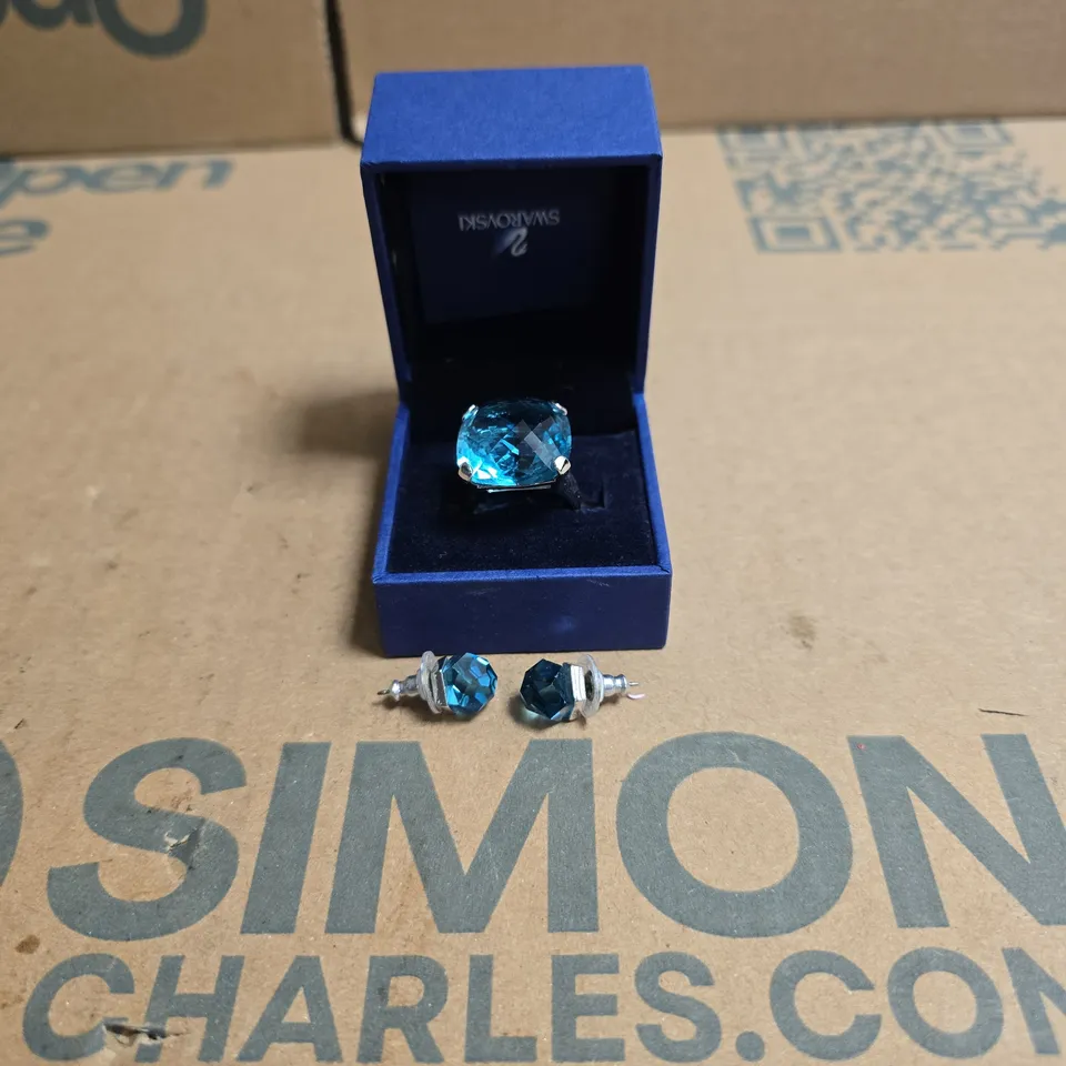 SWAROVSKI BLUE CRYSTAL RING WITH MATCHING EARRINGS SET